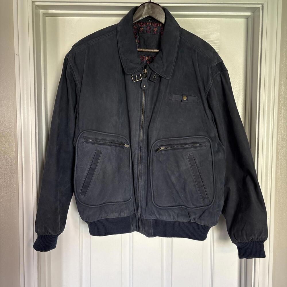 VINTAGE Mixed Blues Jacket Men XL Blue Bomber Genuine Leather Suede 90s